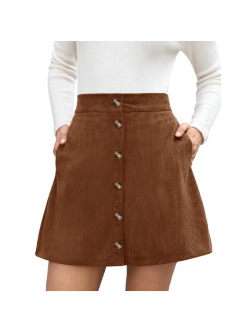 Corduroy Mini Skirt High Waisted A-Line Skater with Pockets Elastic Waist